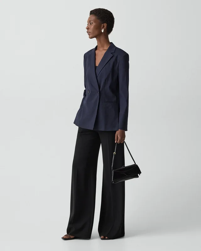 Theory Vented Double-Breasted Blazer in Good Linen in MIDNIGHT NAVY, photo 13 of 14 from Theory