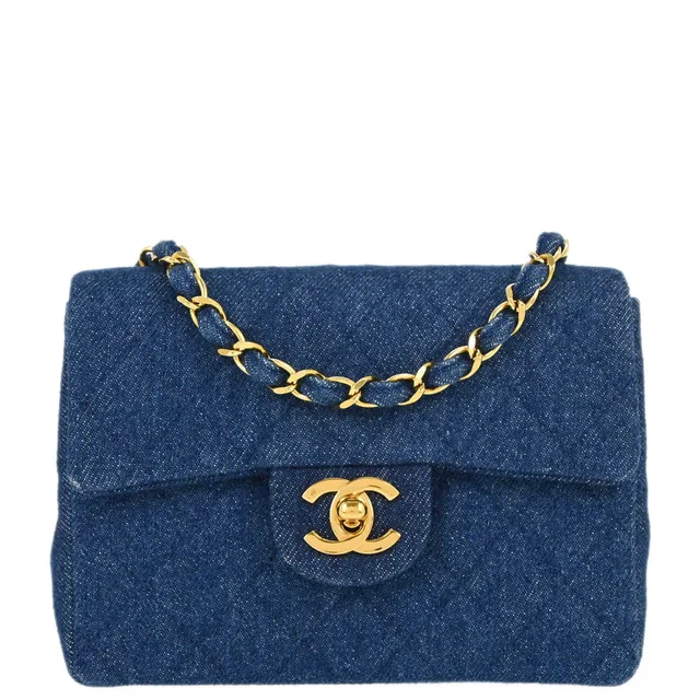 Chanel 1989-1991 Blue Denim Mini Classic Square Flap Shoulder Bag 17 in Blue Denim from AMORE Vintage Tokyo