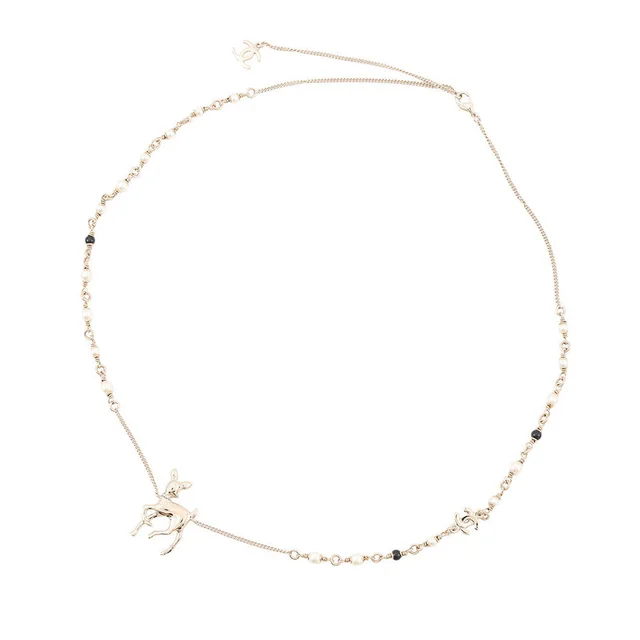Chanel CC Logo Bambi Motif Long Necklace Gold Plated Rhinestone Faux Pearl in Gold from GALLERY RARE, photo 2 of 2