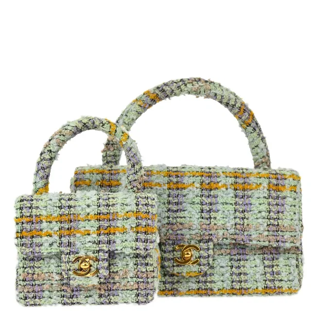 Chanel 1994-1996 Green Tweed Classic Single Flap 2 in 1 Handbag Set in Green Tweed from AMORE Vintage Tokyo