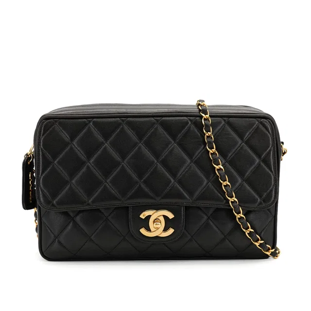 Chanel Vintage Chain Shoulder Bag Black Lamb Skin Gold Hardware in Black from Luxury Promise