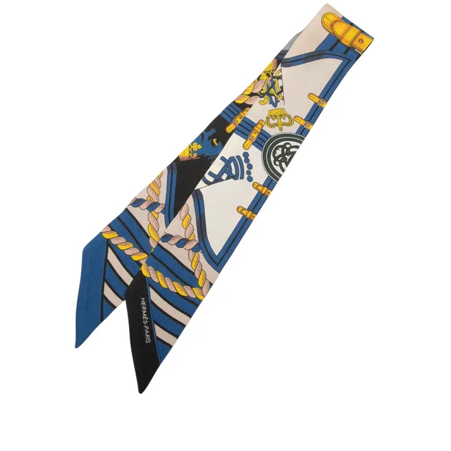 Blue Hermès Grande Tenue Silk Twilly Scarf Scarves in Blue Silk from Designer Revival