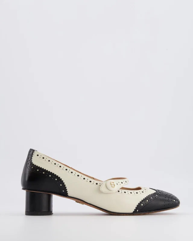 Dior Spectadior Heeled Square Toe Mary Jane Pumps in Black and White Perforated Leather with Gold… in Black Leather from Sellier