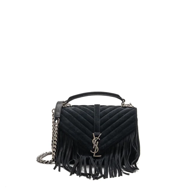 Saint Laurent Medium Chevron Fringe College Bag Suede Black Ruthenium Hardware in Black Suede from EMIER