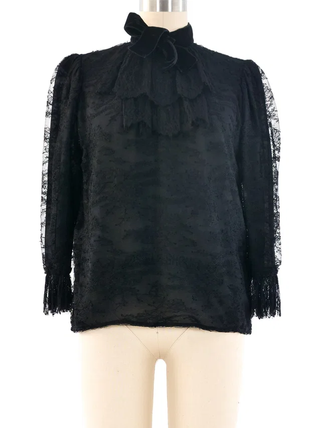 Saint Laurent Black Lace Ruffle Blouse in Black Velvet from Arcade Vintage