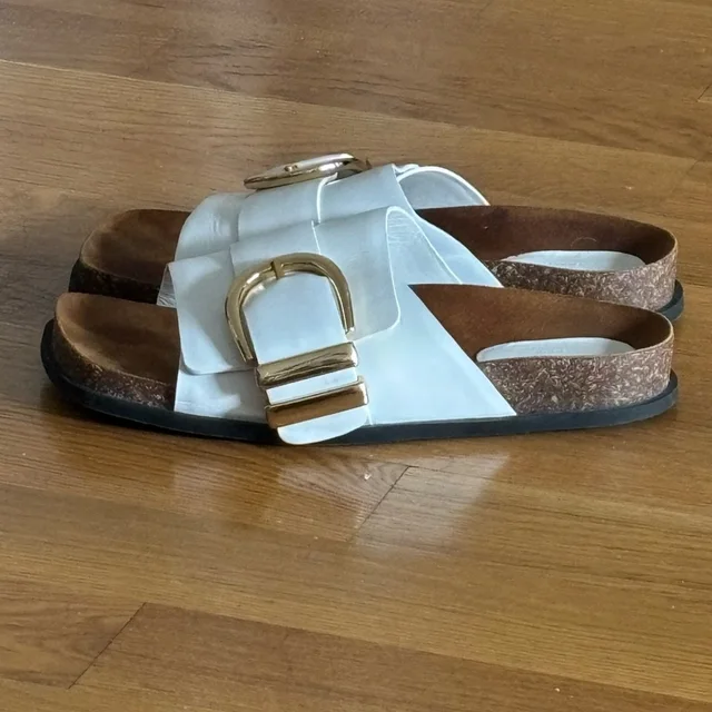 Khaite Thompson White Leather Slide Sandals With Gold Buckle - 40.5 in red|white|brown Leather from Poshmark
