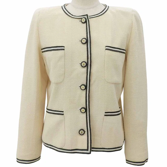 Chanel 1995 CC mark buttonless collar trim design jacket #38 Ivory/Black in Black Tweed from VINTAGE QOO TOKYO