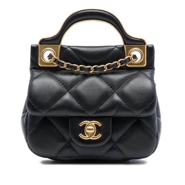 Black Chanel CC Quilted Calfskin Lady Card Holder with Chain Top Handle Bag Satchel in Black Calfskin from Designer Revival