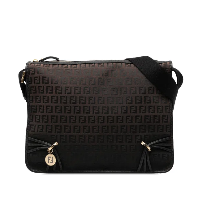 Brown Fendi Zucchino Canvas F Charm Crossbody in Brown Canvas from Designer Revival