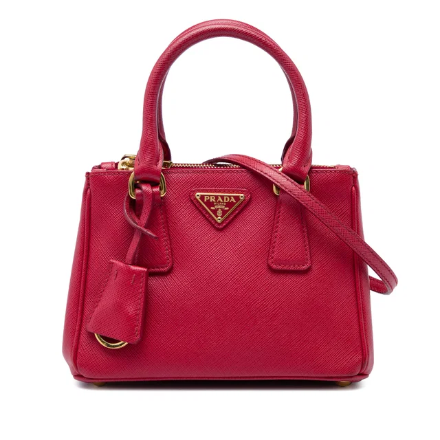 Red Prada Mini Saffiano Lux Galleria Double Zip Satchel in Red Saffiano leather from Designer Revival