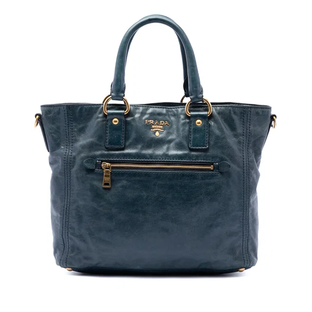 Blue Prada Vitello Shine Front Pocket Convertible Tote Satchel in Blue Leather from Designer Revival