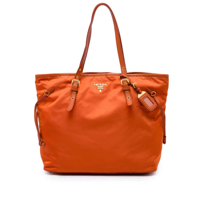 Orange Prada Saffiano Trimmed Tessuto Tote in Orange Saffiano leather from Designer Revival