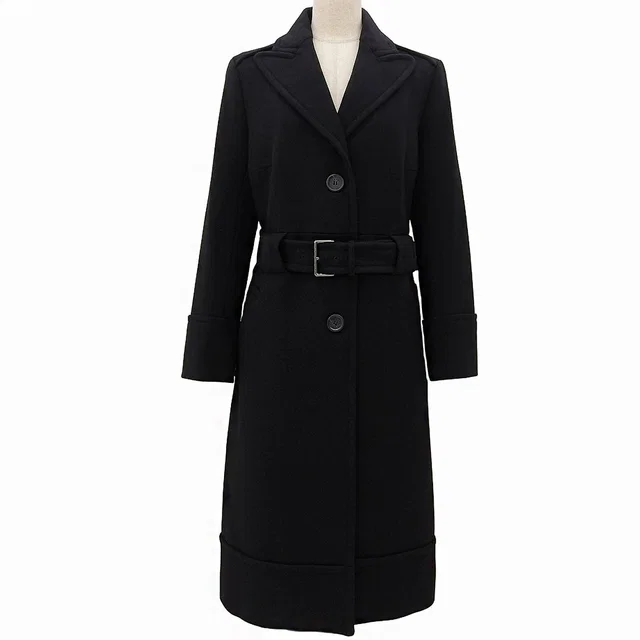 Celine Wool Belted Logo Button Long Coat #40 Black in Black Wool from VINTAGE QOO TOKYO