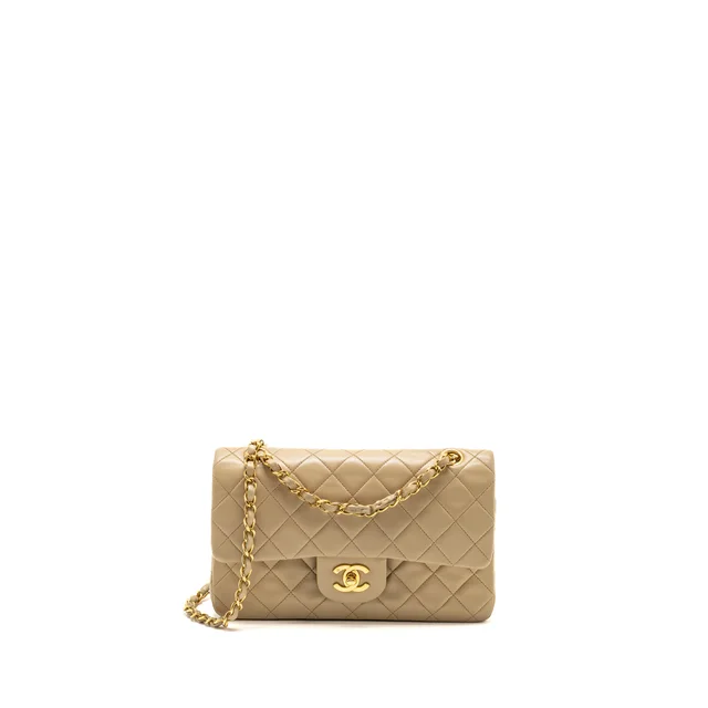 Chanel Vintage Small Classic Double Flap Bag Lambskin Beige GHW in Beige Lambskin from EMIER