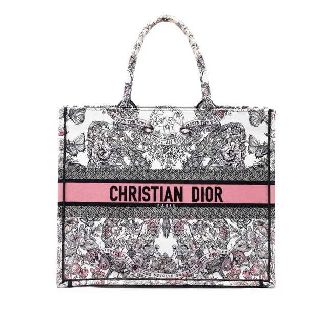 White Dior Large Embroidered Canvas Butterfly Around The World Book Tote in White Canvas from Designer Revival