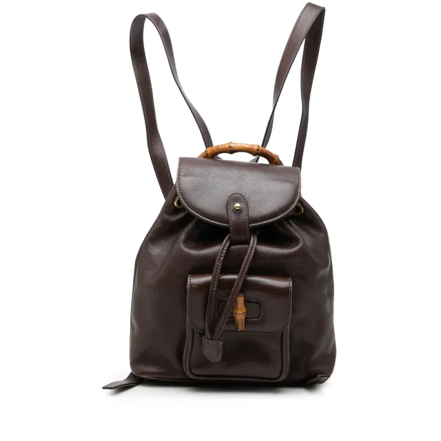 Brown Gucci Mini Calfskin Bamboo Drawstring Backpack in Brown Calfskin from Designer Revival