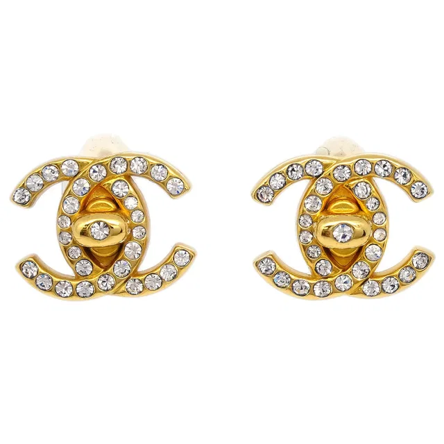 Chanel Rhinestone Turnlock Earrings Gold Small 96A in Gold from AMORE Vintage Tokyo