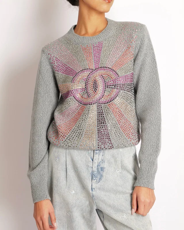 Chanel 22AGrey Cashmere Knitted Jumper with Multi-Colour Crystal Embellished CC Logo Size FR 38 (UK 10) in Cashmere from Sellier