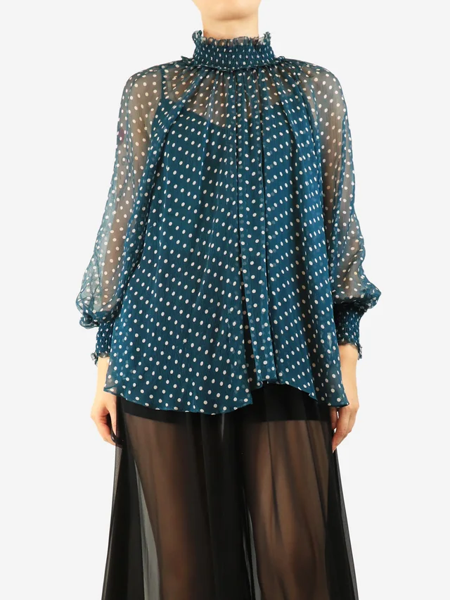 Zimmermann Teal high-neck polka dot blouse - size UK 10 in Blue Silk from Sign of the Times