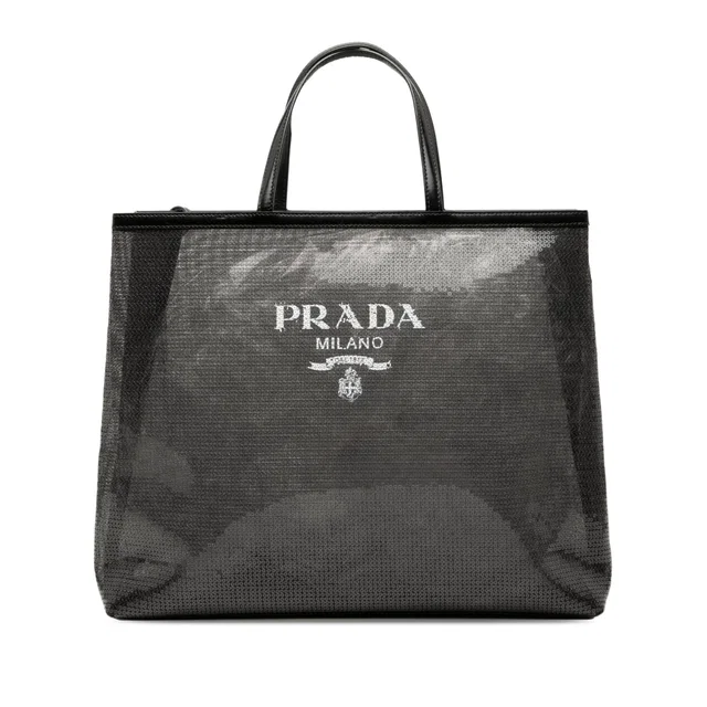 Black Prada Large Sequined Mesh Logo Tote in Black Leather from Designer Revival