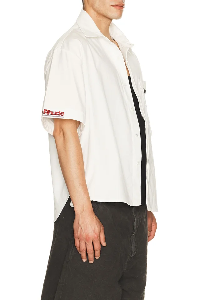 Rhude Petrol Oversized Mechanic Shirt in White, Black, & Red, photo 2 of 6 from REVOLVE (Canada)