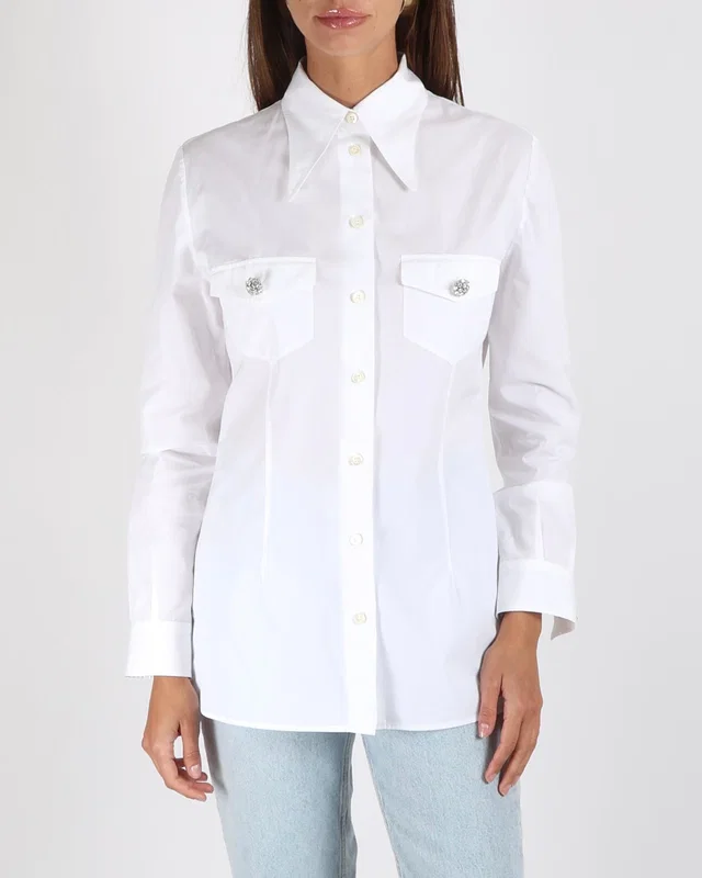 Prada White Button Down Shirt with Crystal Cluster Buttons and Front Pockets Size IT 42 (UK 10) in White from Sellier