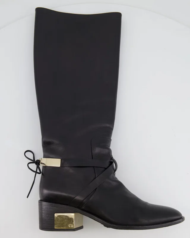 Dior Black Leather Knee High Boots with Gold Logo Detail Size EU 37 in Black Leather from Sellier