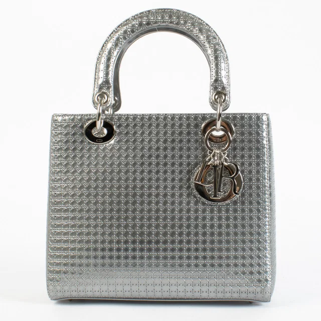 Silver Micro Cannage Medium Lady Dior Bag in Silver Leather from Labellov
