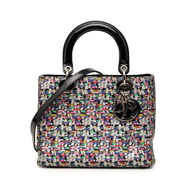 Black Dior Medium Multicolor Metallic Fabric and Patent Leather Lady Dior Satchel in Black Patent leather from Designer Revival