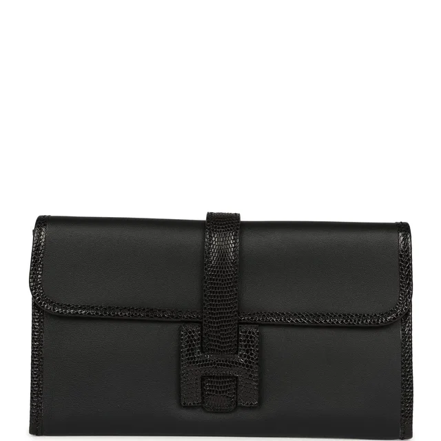 Hermès Jige Duo Clutch Touch Black Swift, Varanus Niloticus Lizard Touch Palladium Hardware in Black Swift leather from Madison Avenue Couture