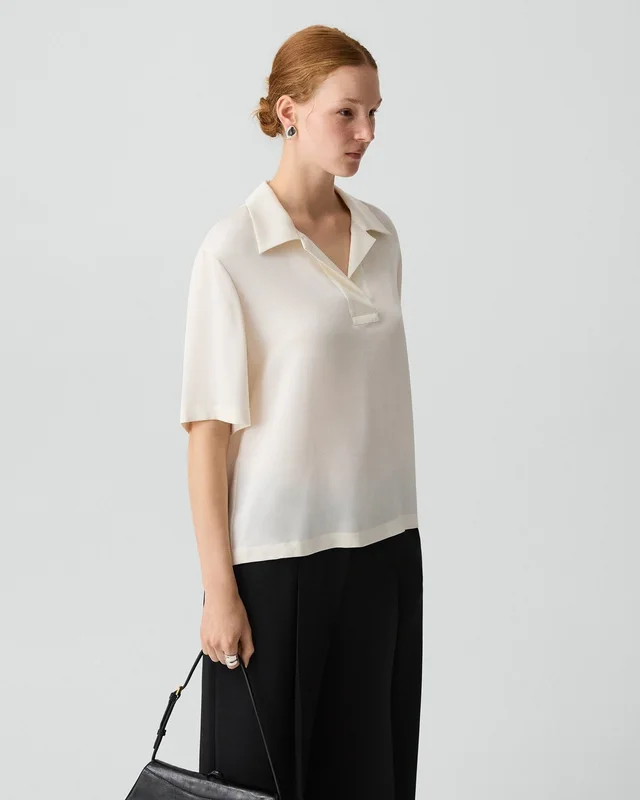 Theory Oversized Polo Shirt in Silk Georgette in IVORY, photo 9 of 12 from Theory