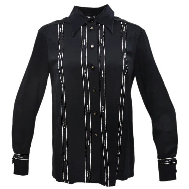 Chanel Blouse Shirt Black 94A #40 in Black Silk from AMORE Vintage Tokyo