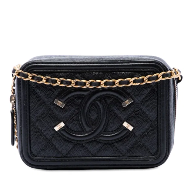 Black Chanel Caviar CC Filigree Vanity Clutch with Chain Crossbody Bag in Black Caviar leather from Designer Revival