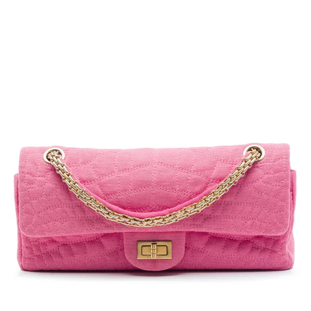 Pink Chanel Croc Quilted Jersey Reissue 2.55 East West Double Flap Shoulder Bag in Pink Crocodile from Designer Revival