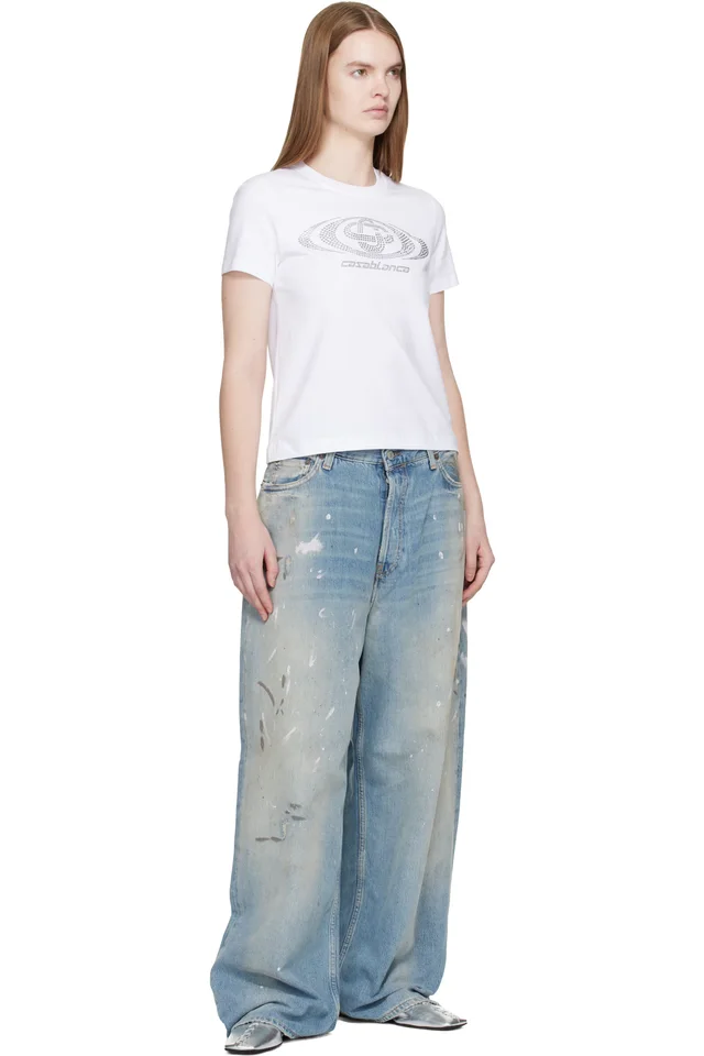 Casablanca White Crystal Warped Logo Fitted Short Sleeve T‑shirt, photo 4 of 4 from SSENSE