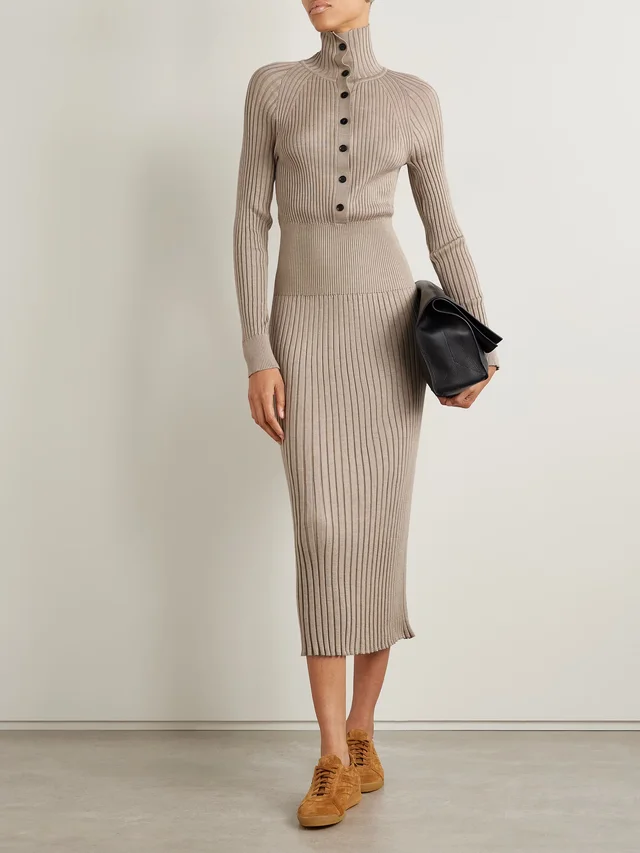 PROENZA SCHOULER Maeve ribbed merino wool and silk-blend midi dress in Beige, photo 2 of 2 from NET-A-PORTER (Canada)