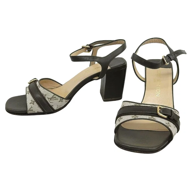 Louis Vuitton Monogram Ankle Strap Sandals #38 Khaki/Gray in Green Canvas from VINTAGE QOO TOKYO