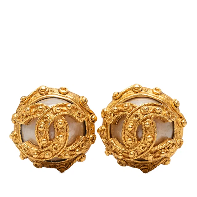 Gold Chanel CC Gold Plated Faux Pearl Clip On Earrings in Gold from Designer Revival
