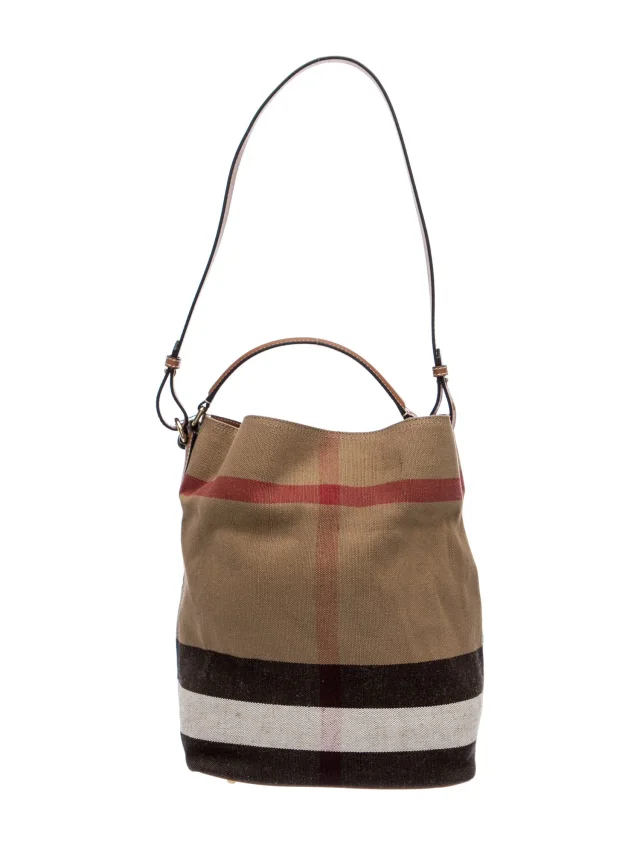 Burberry Exploded Check Bucket Bag in brown|red Canvas from The RealReal