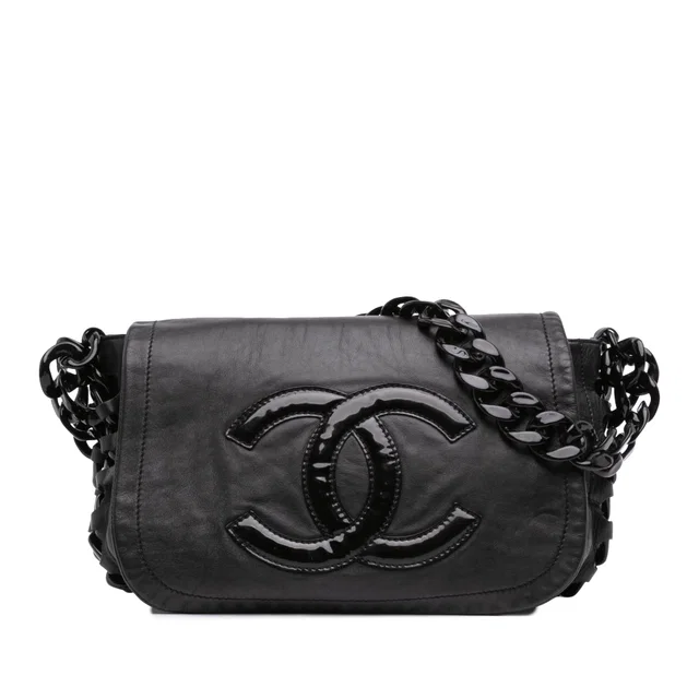 Black Chanel Calfskin Modern Chain Rhodoid Flap Shoulder Bag in Black Calfskin from Designer Revival