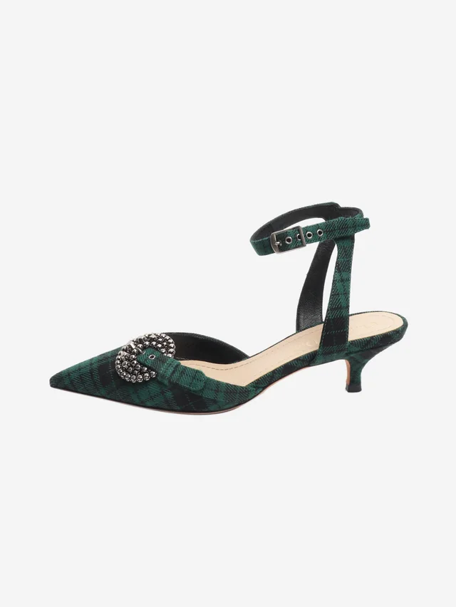 Dior Green and black tartan kitten-heel mules - size EU 35 in Black Wool from Sign of the Times