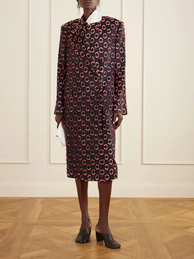DRIES VAN NOTEN Double-breasted polka-dot fil-coupé silk-blend coat in black 69% Viscose 31% Silk, photo 2 of 5 from NET-A-PORTER (Canada)