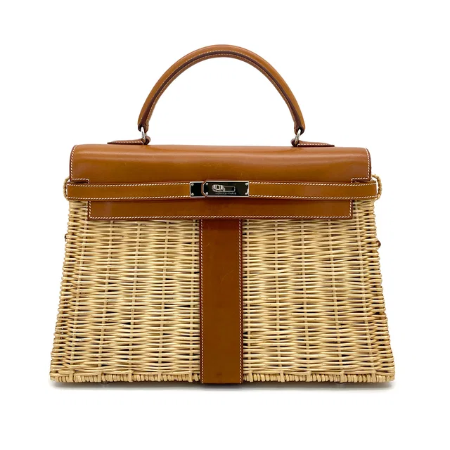 Hermès Kelly Picnic 35 Fauve Veau Barenia Rattan Hand Bag 2011 Square O Palladium Hardware in Calfskin from Luxury Promise