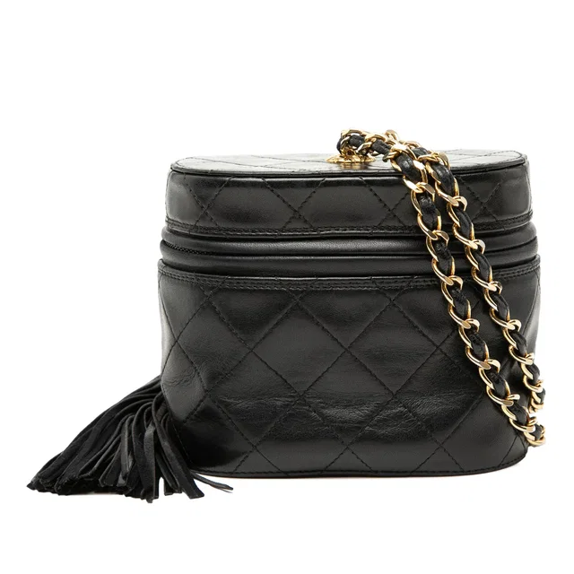 Black Chanel Quilted Lambskin Tassel Vanity Case with Chain Crossbody Bag in Black Lambskin from Designer Revival