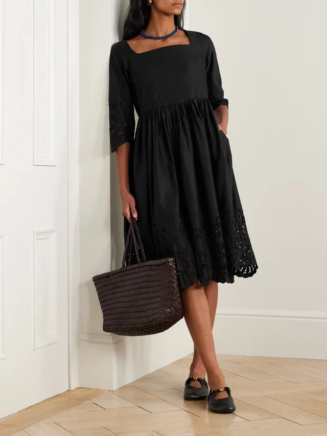 THIERRY COLSON Amalia pleated broderie anglaise cotton-poplin midi dress in Black, photo 2 of 2 from NET-A-PORTER (Canada)