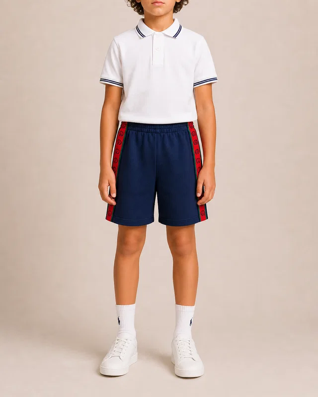 Gucci Kids Blue Shorts with Red Logo Band Details Size 6 years in Red from Sellier