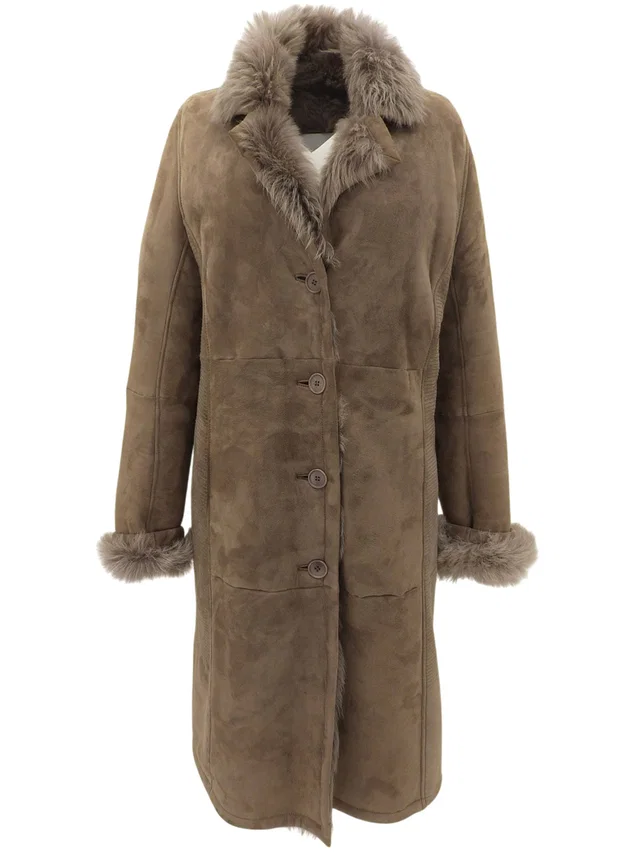 Loewe Suede and Faux Fur Combination Long Coat Greige in Taupe Suede from VINTAGE QOO TOKYO
