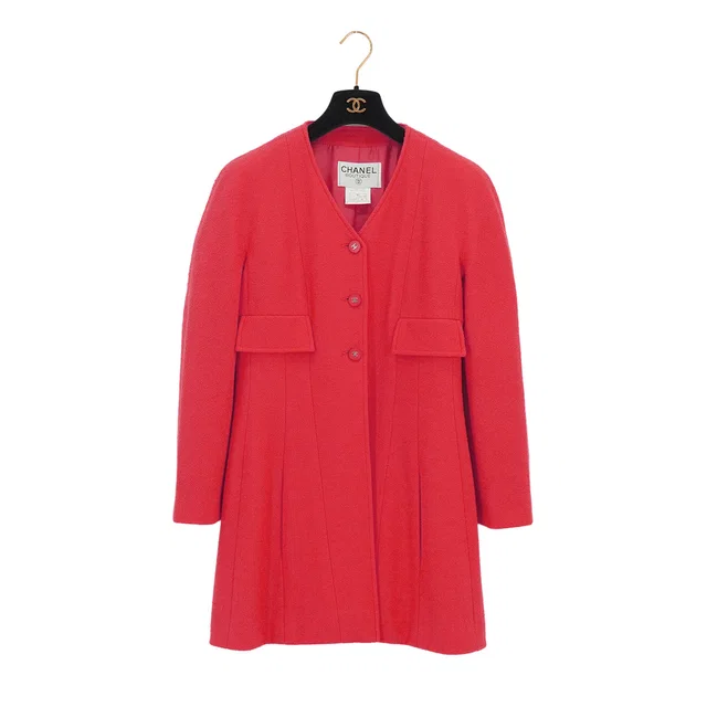 Chanel Vintage Coco Button Tweed Coat Red Wool 40 96P Rtw in Red Tweed from Luxury Promise