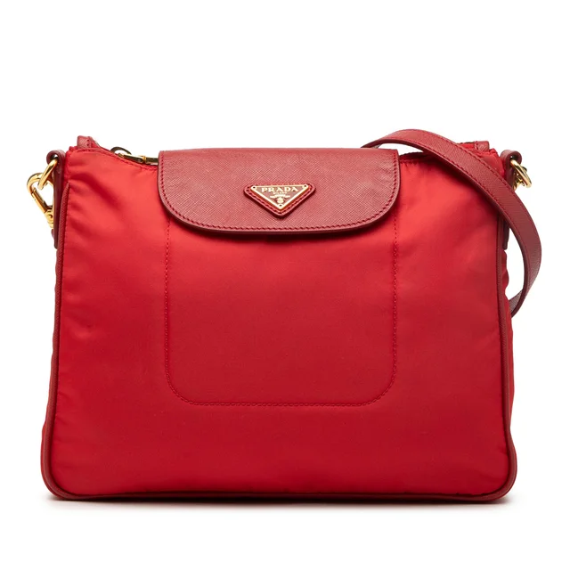 Red Prada Saffiano Trimmed Tessuto Crossbody in Red Saffiano leather from Designer Revival