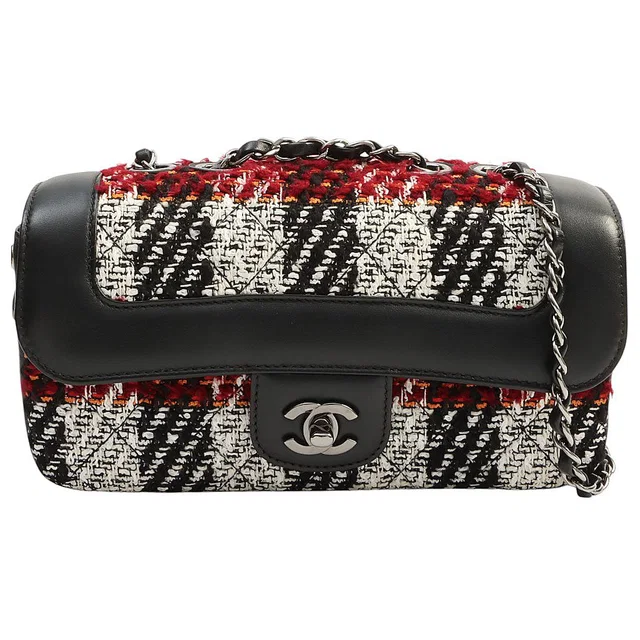 Chanel Circa 2016 Tweed Leather Combination CC Turn-lock Chain Bag Black/White/Red in Black Tweed from VINTAGE QOO TOKYO